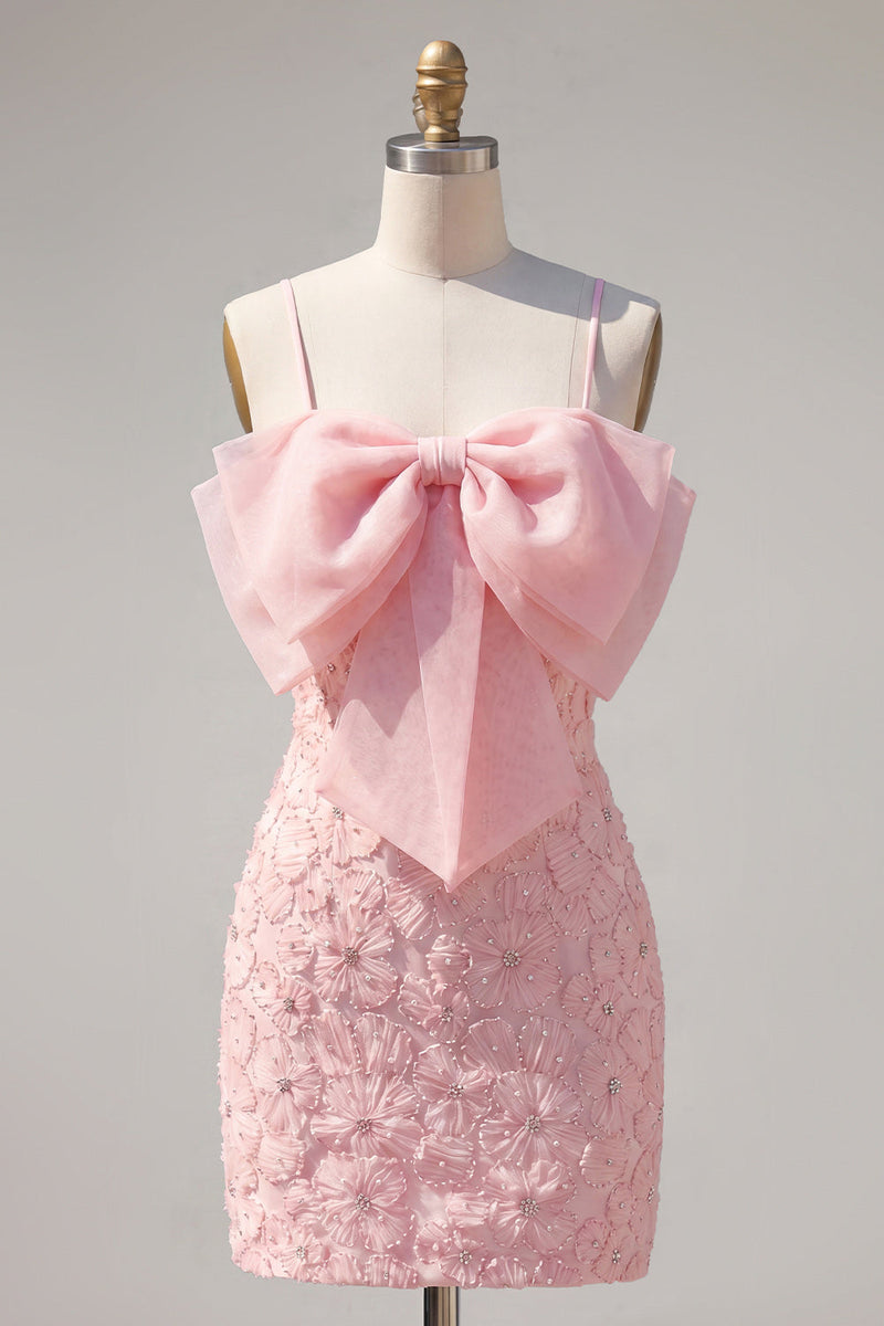 Laden Sie das Bild in den Galerie-Viewer, Rosa Bodycon Spaghetti-Träger mit Perlen, Blumen-Homecoming-Kleid mit Schleife