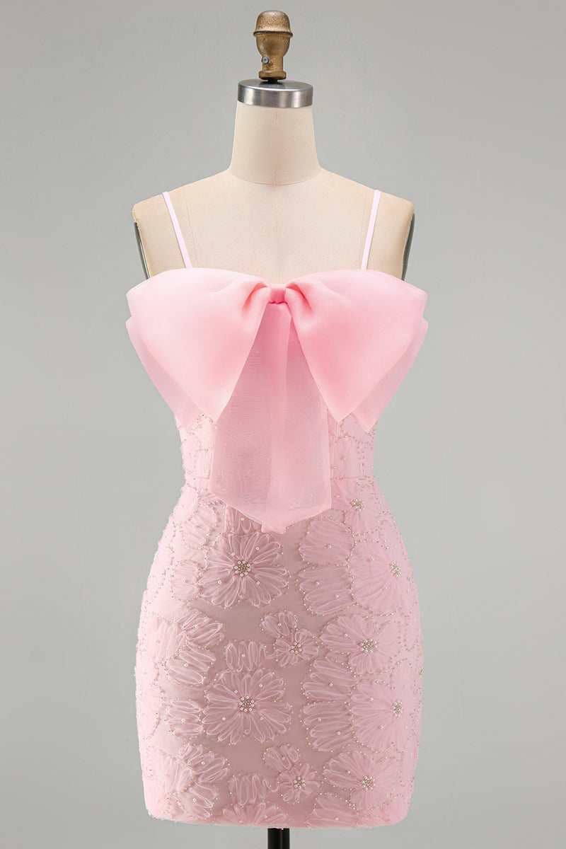 Laden Sie das Bild in den Galerie-Viewer, Rosa Bodycon Spaghetti-Träger Strasssteinen Blumen Kurzes Abendkleid mit Schleife