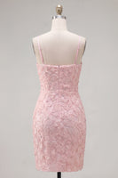 Laden Sie das Bild in den Galerie-Viewer, Rosa Bodycon Spaghetti-Träger mit Perlen, Blumen-Homecoming-Kleid mit Schleife