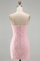 Laden Sie das Bild in den Galerie-Viewer, Rosa Bodycon Spaghetti-Träger Strasssteinen Blumen Kurzes Abendkleid mit Schleife