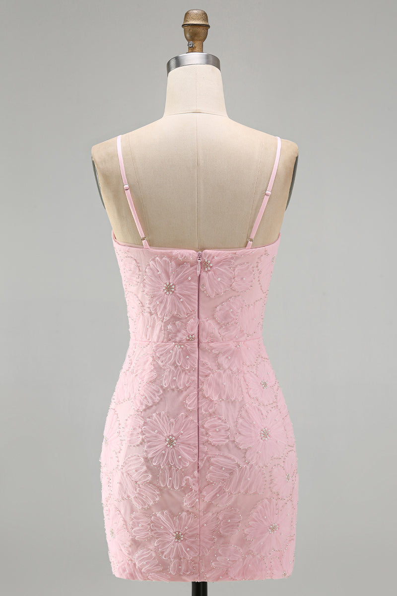 Laden Sie das Bild in den Galerie-Viewer, Rosa Bodycon Spaghetti-Träger Strasssteinen Blumen Kurzes Abendkleid mit Schleife