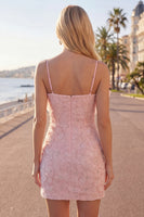 Laden Sie das Bild in den Galerie-Viewer, Rosa Bodycon Spaghetti-Träger mit Perlen, Blumen-Homecoming-Kleid mit Schleife
