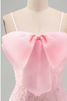 Laden Sie das Bild in den Galerie-Viewer, Rosa Bodycon Spaghetti-Träger Strasssteinen Blumen Kurzes Abendkleid mit Schleife