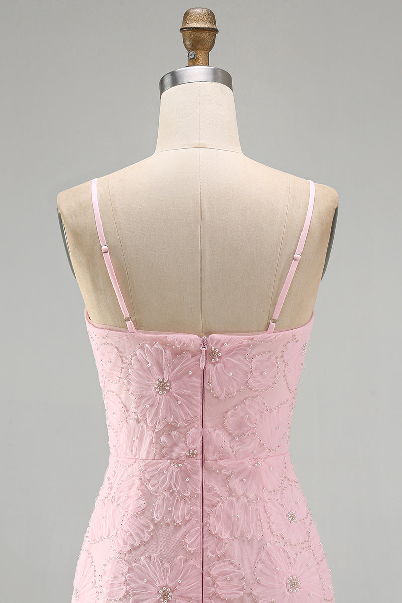 Laden Sie das Bild in den Galerie-Viewer, Rosa Bodycon Spaghetti-Träger Strasssteinen Blumen Kurzes Abendkleid mit Schleife