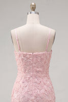 Laden Sie das Bild in den Galerie-Viewer, Rosa Bodycon Spaghetti-Träger mit Perlen, Blumen-Homecoming-Kleid mit Schleife