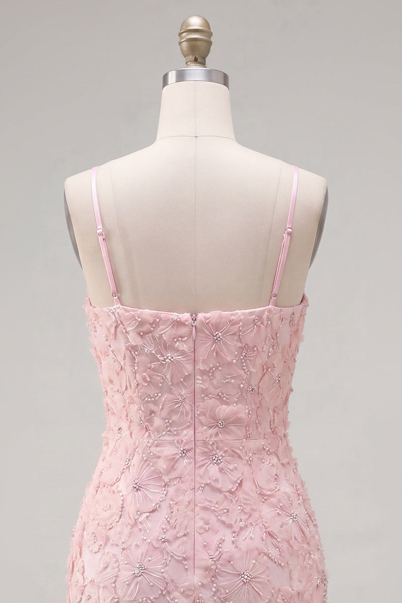 Laden Sie das Bild in den Galerie-Viewer, Rosa Bodycon Spaghetti-Träger mit Perlen, Blumen-Homecoming-Kleid mit Schleife