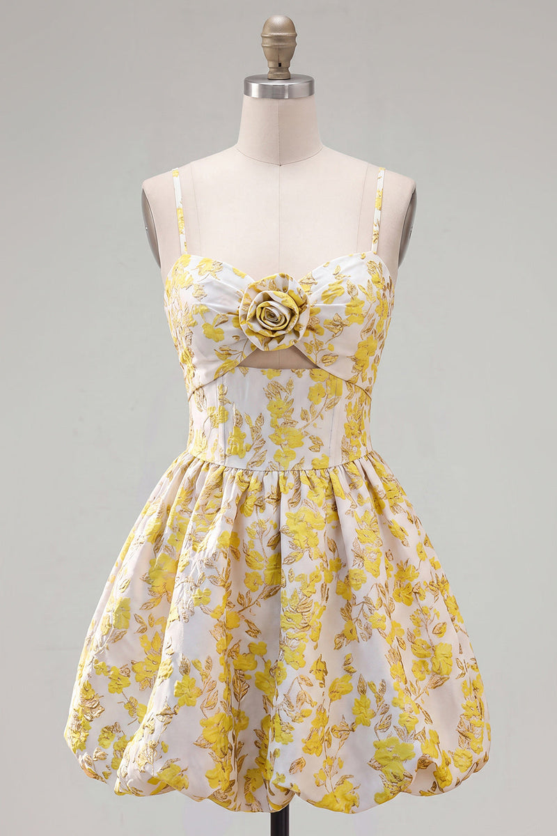 Laden Sie das Bild in den Galerie-Viewer, Gelbes A-Line Spaghetti-Träger Blumen-Homecoming-Kleid