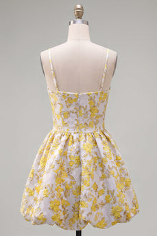 Gelbes A-Linie Spaghetti-Träger Blumen Kurzes Abendkleid