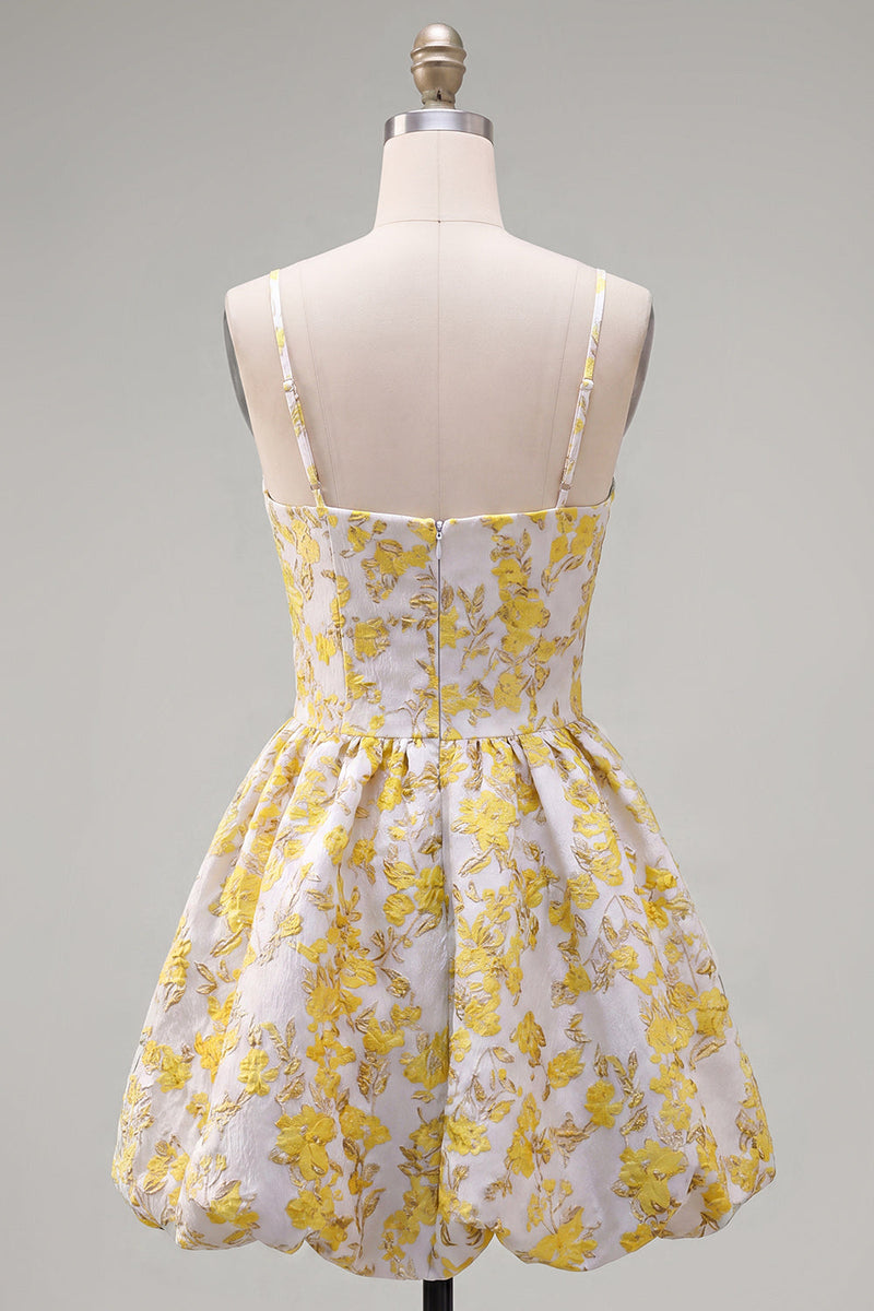 Laden Sie das Bild in den Galerie-Viewer, Gelbes A-Line Spaghetti-Träger Blumen-Homecoming-Kleid