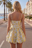 Laden Sie das Bild in den Galerie-Viewer, Gelbes A-Line Spaghetti-Träger Blumen-Homecoming-Kleid