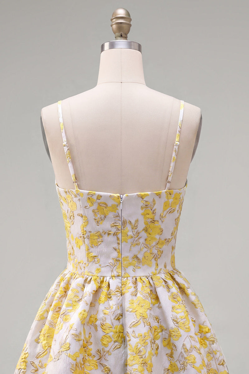 Laden Sie das Bild in den Galerie-Viewer, Gelbes A-Line Spaghetti-Träger Blumen-Homecoming-Kleid