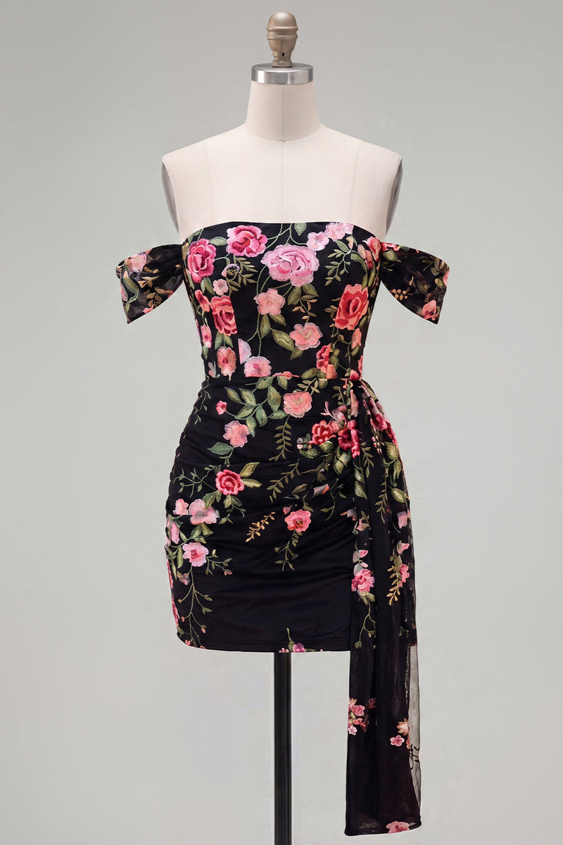 Laden Sie das Bild in den Galerie-Viewer, Schwarzes Off-the-Shoulder Bodycon Blumen-Homecoming-Kleid mit Schärpe