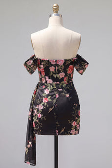 Schwarzes Off-the-Shoulder Bodycon Blumen Kurzes Abendkleid mit Schärpe