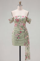 Laden Sie das Bild in den Galerie-Viewer, Schwarzes Off-the-Shoulder Bodycon Blumen-Homecoming-Kleid mit Schärpe