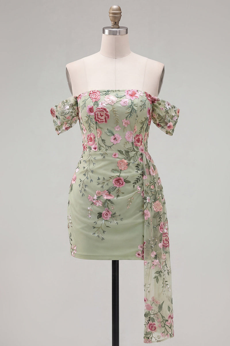 Laden Sie das Bild in den Galerie-Viewer, Schwarzes Off-the-Shoulder Bodycon Blumen-Homecoming-Kleid mit Schärpe