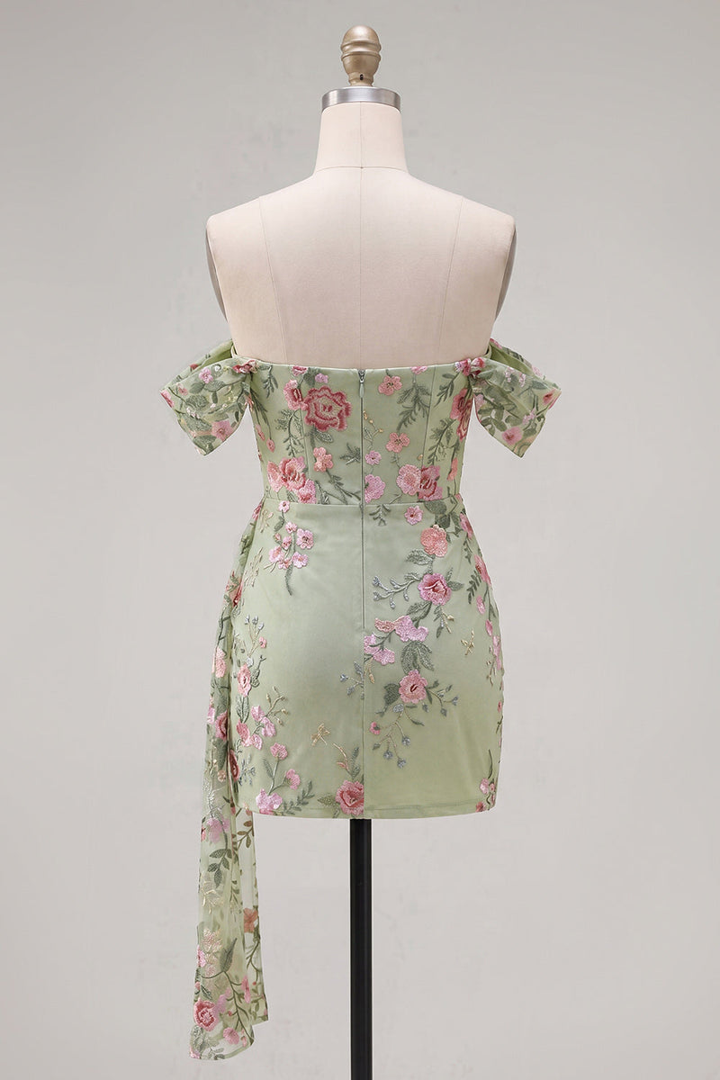 Laden Sie das Bild in den Galerie-Viewer, Schwarzes Off-the-Shoulder Bodycon Blumen-Homecoming-Kleid mit Schärpe