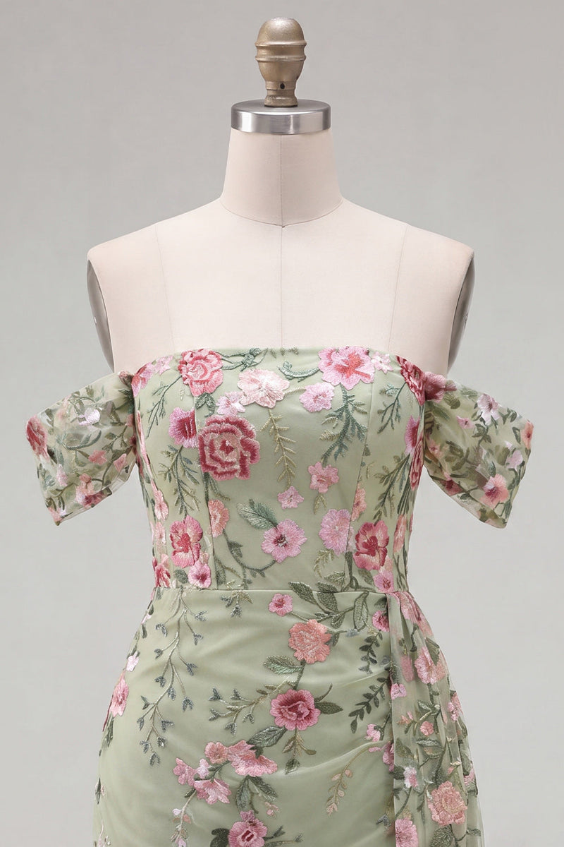 Laden Sie das Bild in den Galerie-Viewer, Schwarzes Off-the-Shoulder Bodycon Blumen-Homecoming-Kleid mit Schärpe