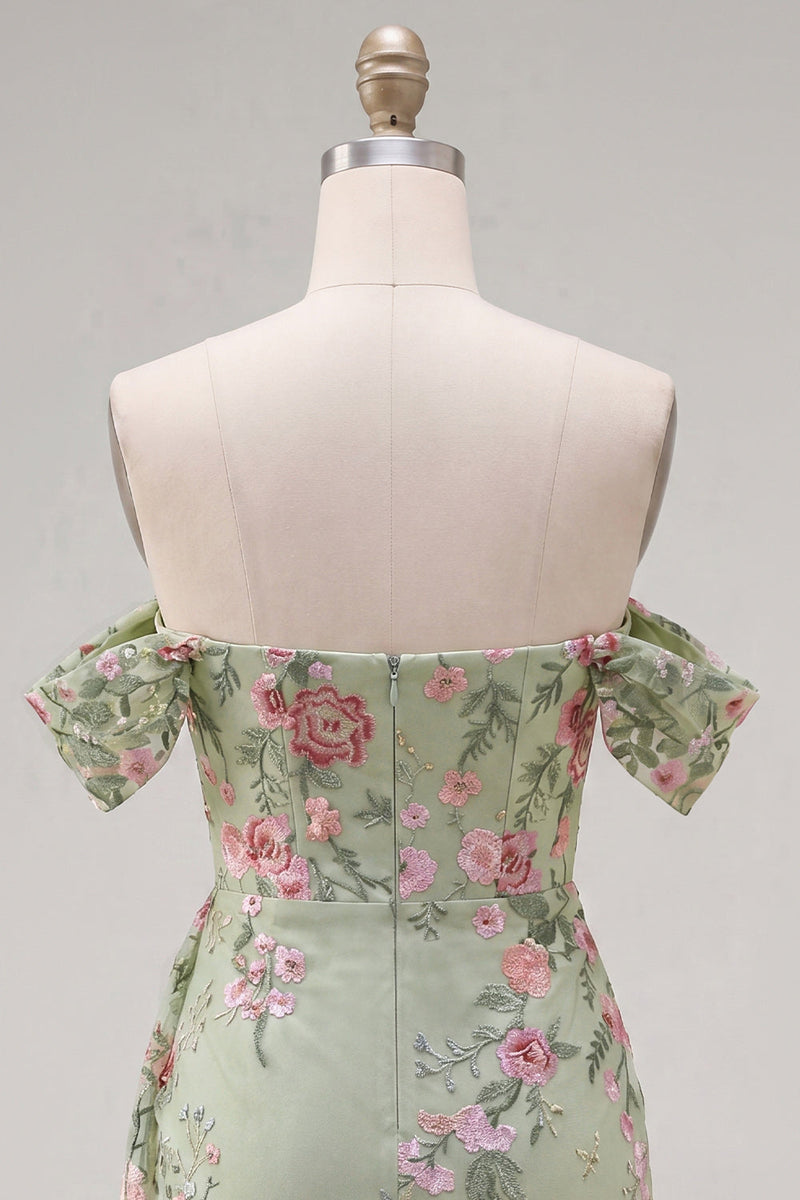 Laden Sie das Bild in den Galerie-Viewer, Schwarzes Off-the-Shoulder Bodycon Blumen-Homecoming-Kleid mit Schärpe