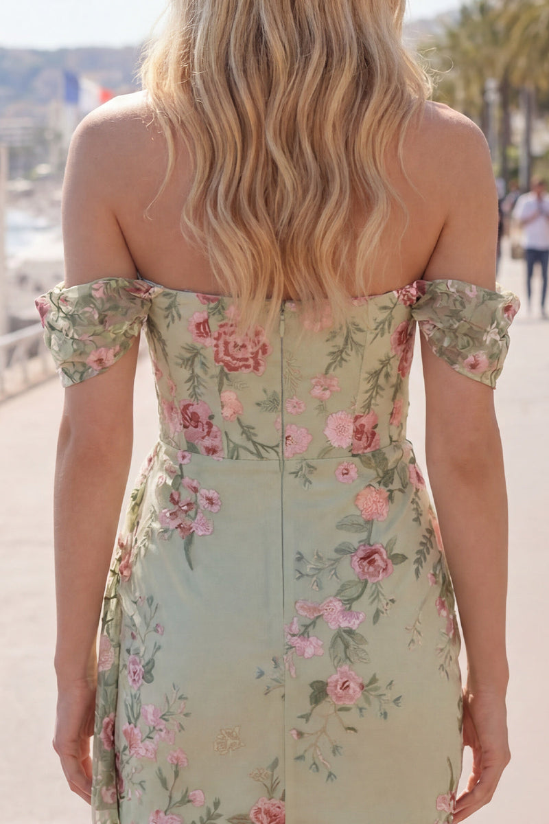 Laden Sie das Bild in den Galerie-Viewer, Schwarzes Off-the-Shoulder Bodycon Blumen-Homecoming-Kleid mit Schärpe