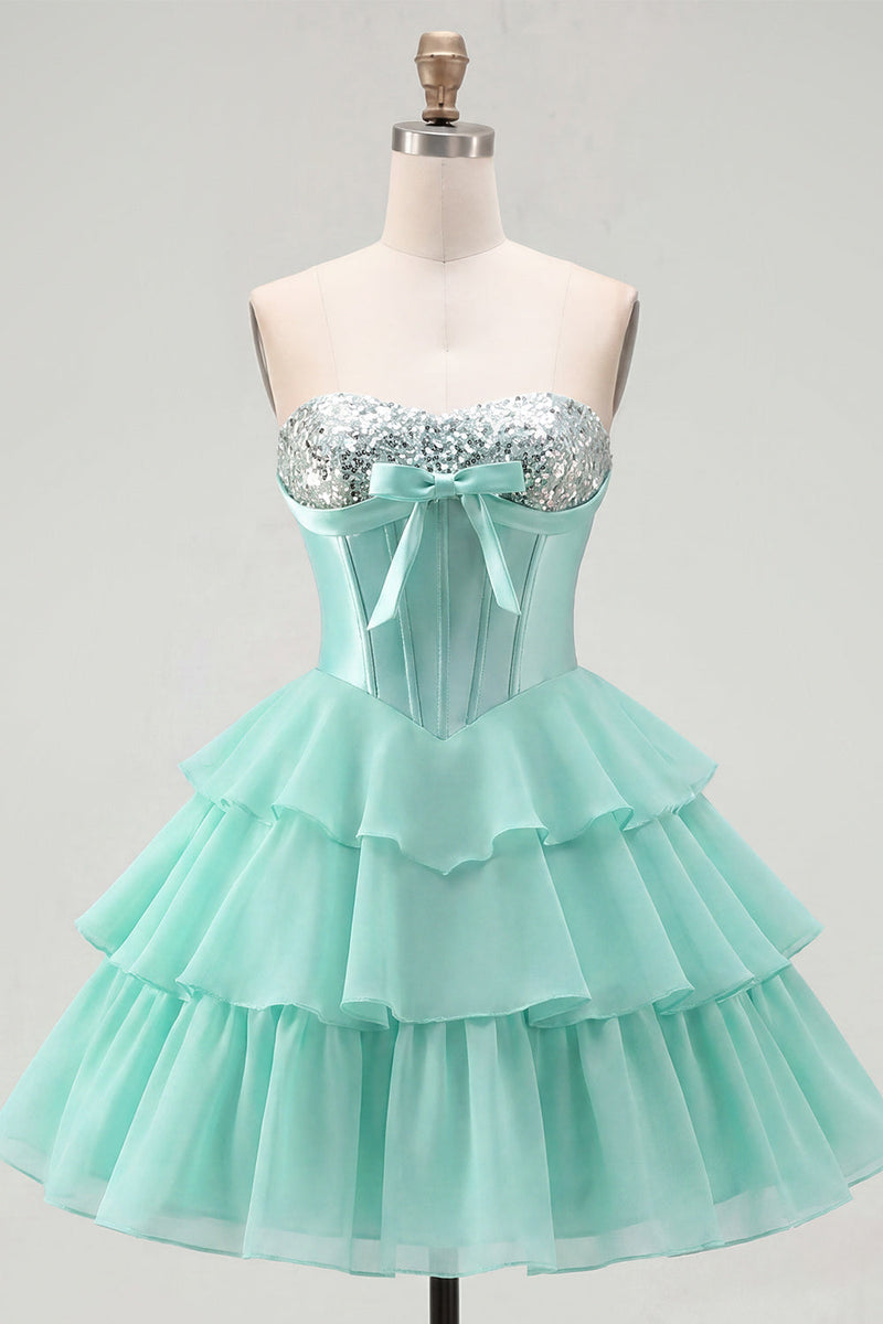Laden Sie das Bild in den Galerie-Viewer, Mint A-Linie Sweetheart Korsett Chiffon mit gestuftem Homecoming-Kleid