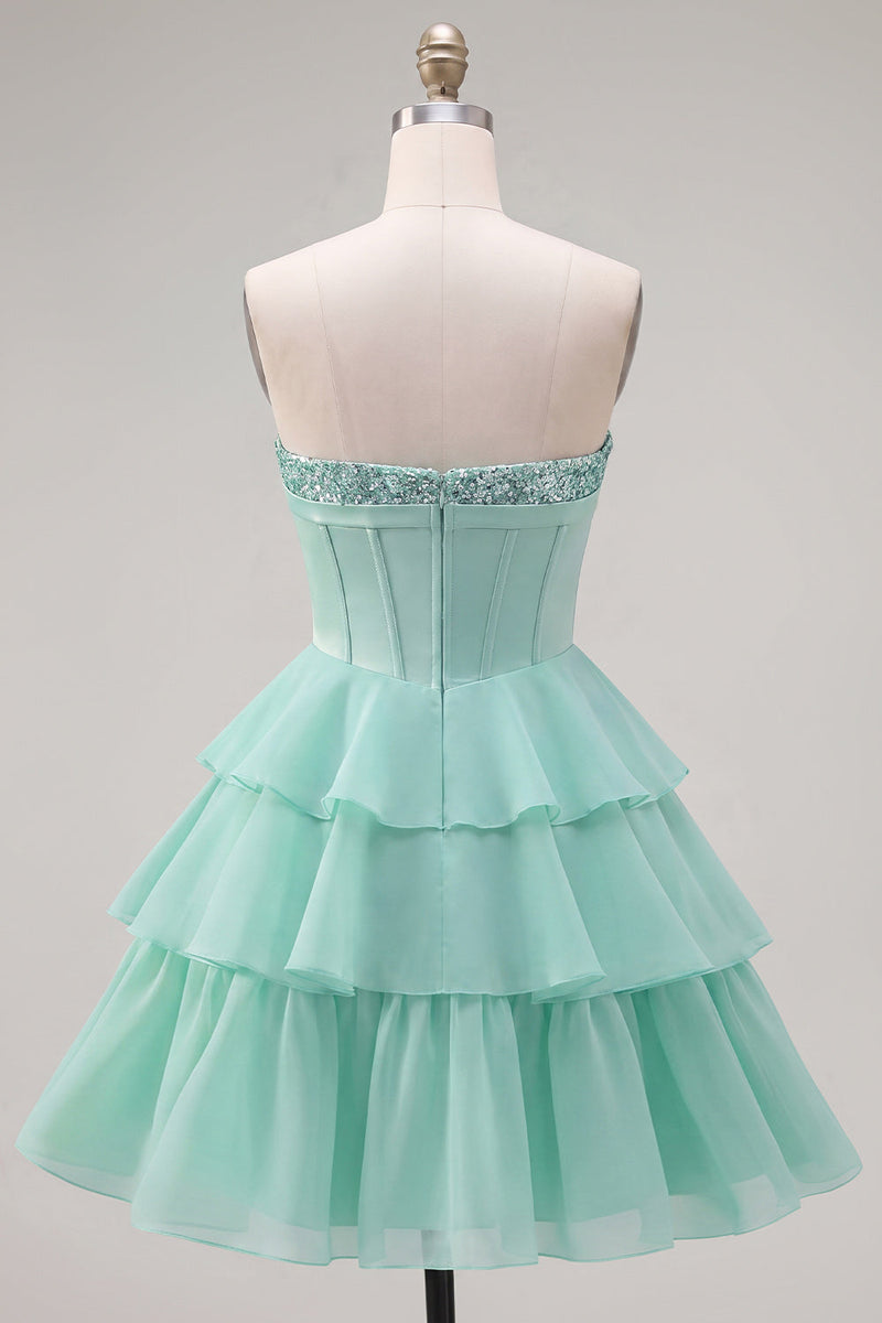 Laden Sie das Bild in den Galerie-Viewer, Mint A-Linie Sweetheart Korsett Chiffon mit gestuftem Homecoming-Kleid