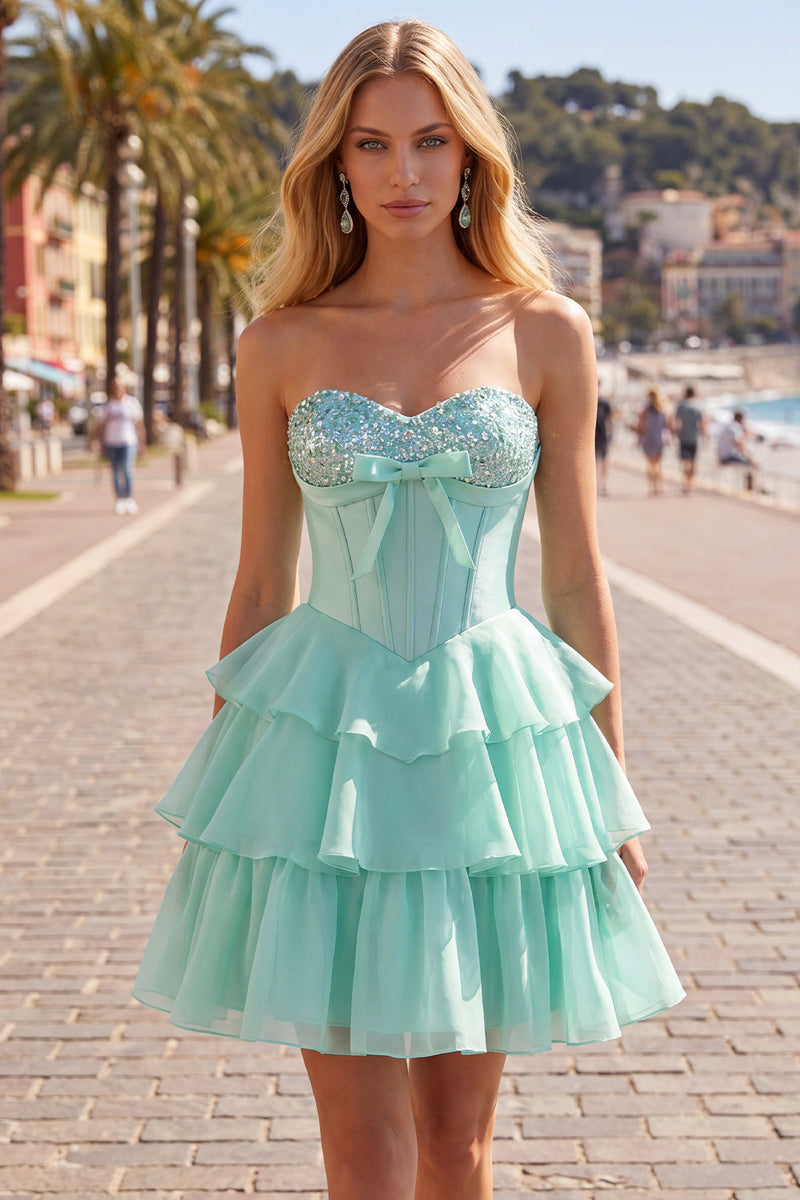 Laden Sie das Bild in den Galerie-Viewer, Mint A-Linie Sweetheart Korsett Chiffon mit gestuftem Homecoming-Kleid