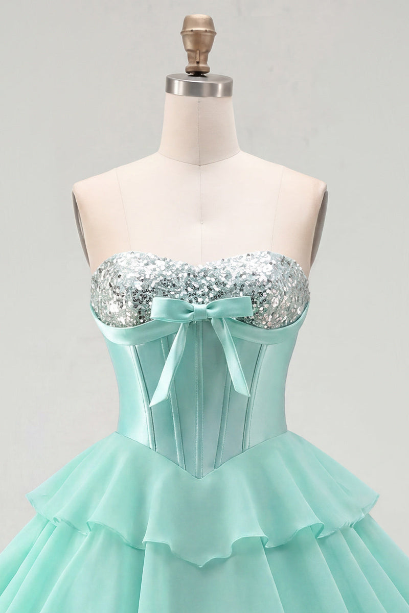 Laden Sie das Bild in den Galerie-Viewer, Mint A-Linie Sweetheart Korsett Chiffon mit gestuftem Homecoming-Kleid