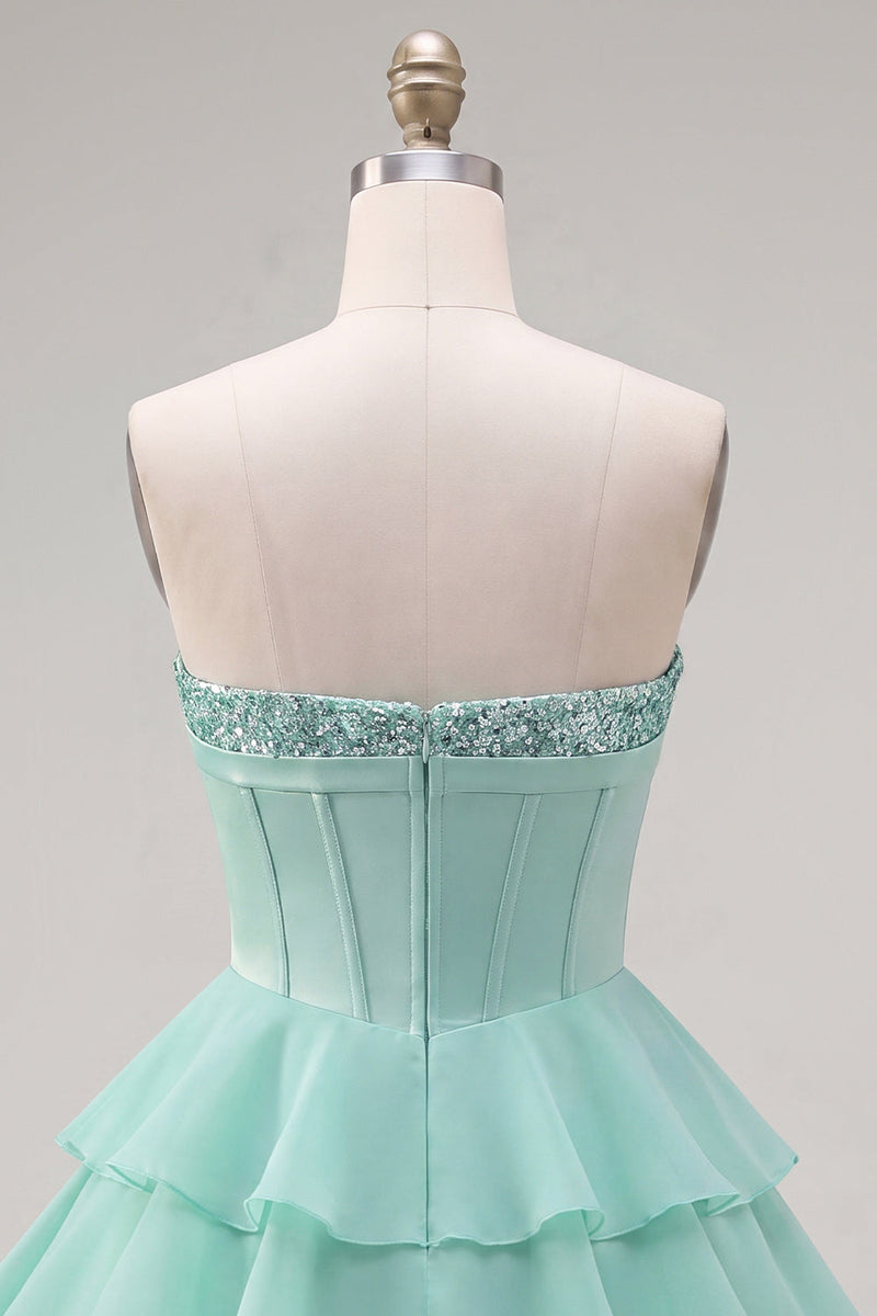 Laden Sie das Bild in den Galerie-Viewer, Mint A-Linie Sweetheart Korsett Chiffon mit gestuftem Homecoming-Kleid