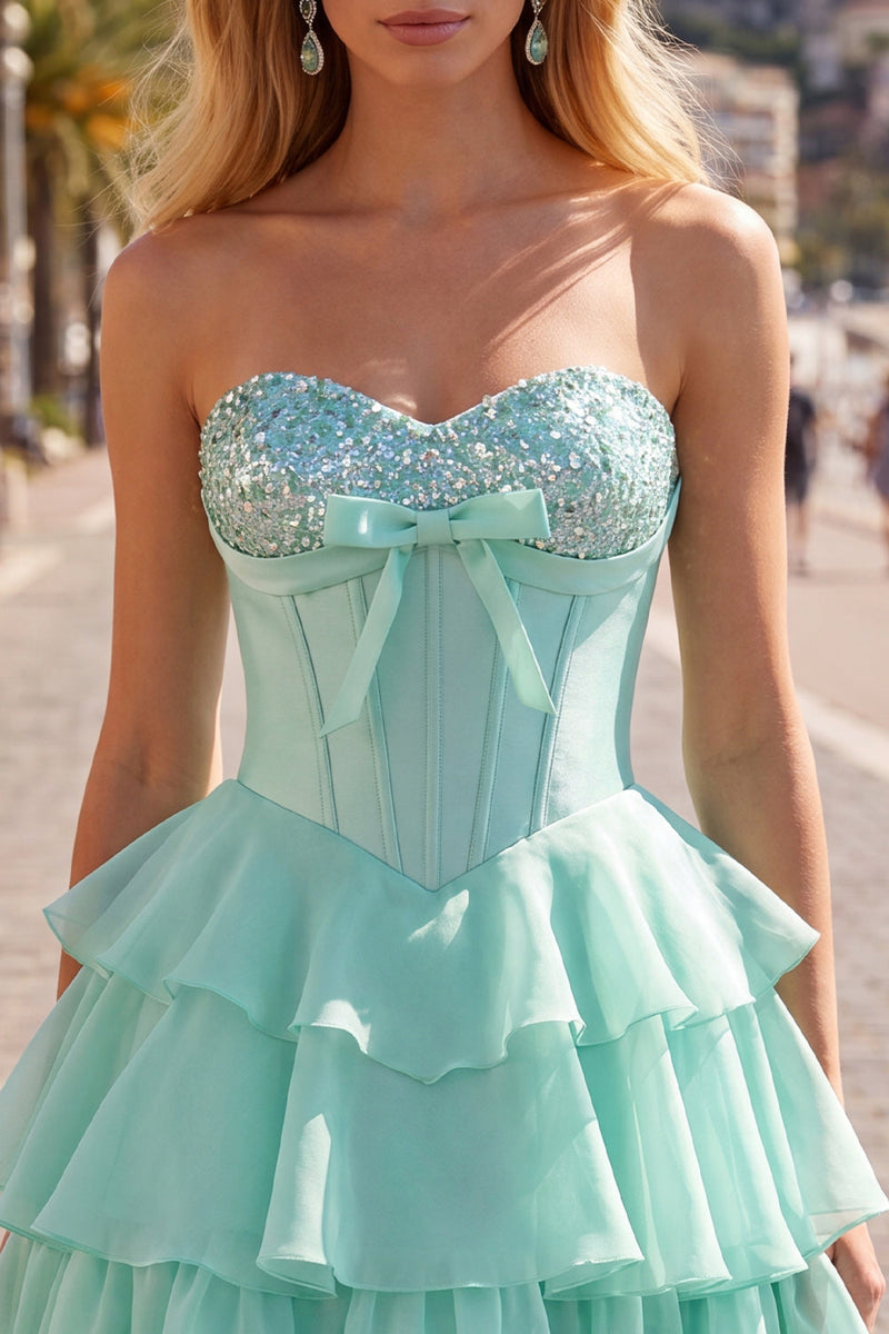 Laden Sie das Bild in den Galerie-Viewer, Mint A-Linie Sweetheart Korsett Chiffon mit gestuftem Homecoming-Kleid