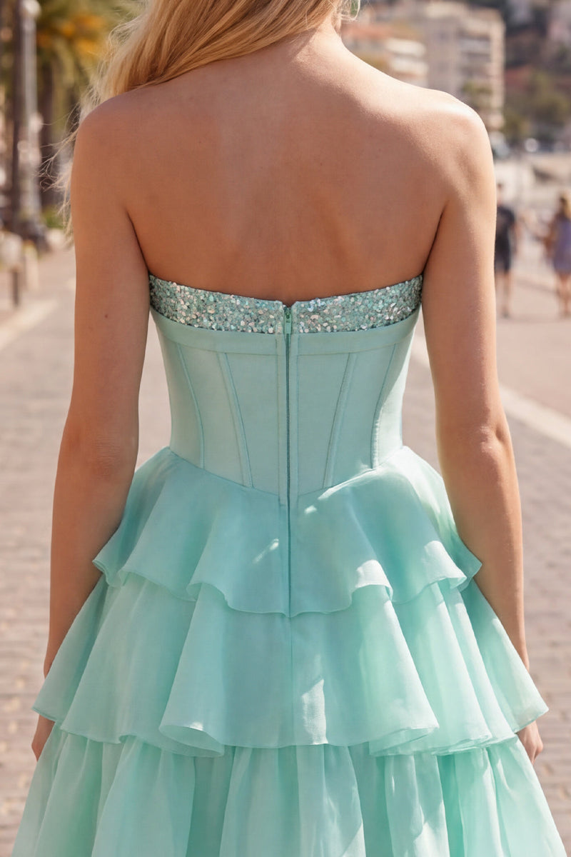 Laden Sie das Bild in den Galerie-Viewer, Mint A-Linie Sweetheart Korsett Chiffon mit gestuftem Homecoming-Kleid