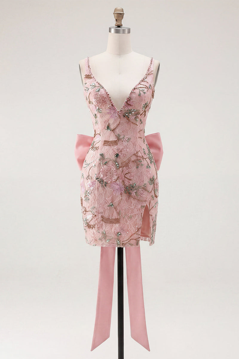 Laden Sie das Bild in den Galerie-Viewer, Rosa V-Ausschnitt Bodycon florales Homecoming-Kleid mit Schlitz