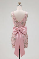 Laden Sie das Bild in den Galerie-Viewer, Rosa V-Ausschnitt Bodycon florales Homecoming-Kleid mit Schlitz