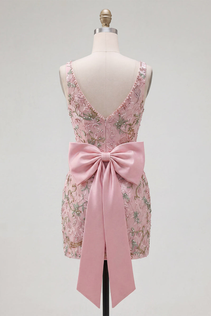 Laden Sie das Bild in den Galerie-Viewer, Rosa V-Ausschnitt Bodycon florales Homecoming-Kleid mit Schlitz
