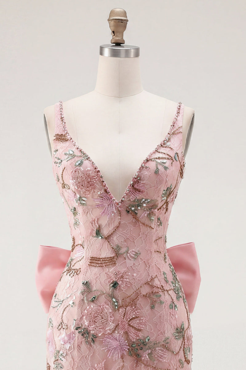 Laden Sie das Bild in den Galerie-Viewer, Rosa V-Ausschnitt Bodycon florales Homecoming-Kleid mit Schlitz
