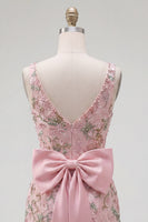 Laden Sie das Bild in den Galerie-Viewer, Rosa V-Ausschnitt Bodycon florales Homecoming-Kleid mit Schlitz