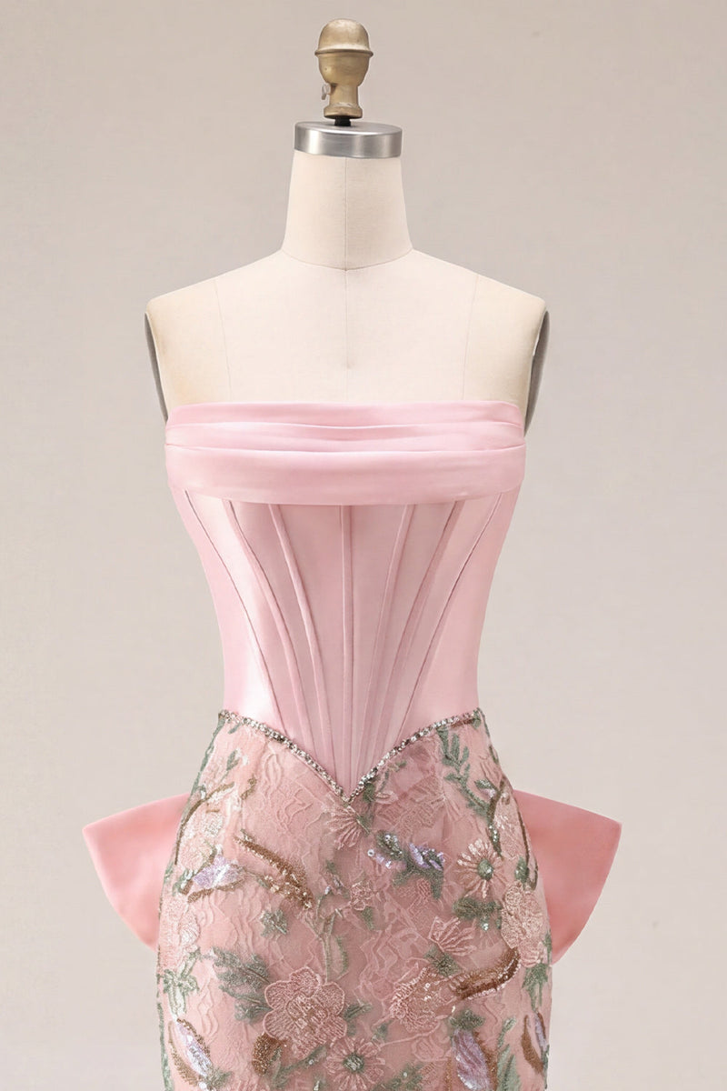 Laden Sie das Bild in den Galerie-Viewer, Rosa Bodycon geblümtes trägerloses Korsett-Homecoming-Kleid mit Schleife