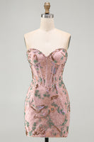 Laden Sie das Bild in den Galerie-Viewer, Rosa Bodycon Sweetheart Blumen Korsett Kurzes Abendkleid mit Strasssteinen