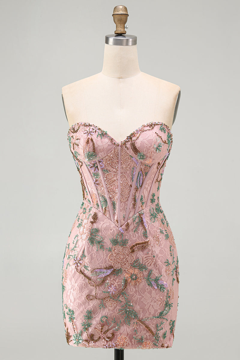 Laden Sie das Bild in den Galerie-Viewer, Rosa Bodycon Sweetheart Blumen Korsett Kurzes Abendkleid mit Strasssteinen