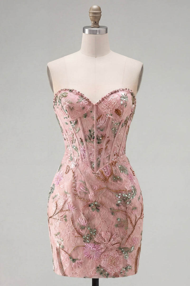 Laden Sie das Bild in den Galerie-Viewer, Rosa Bodycon Sweetheart Blumenkorsett Homecoming-Kleid mit Perlen