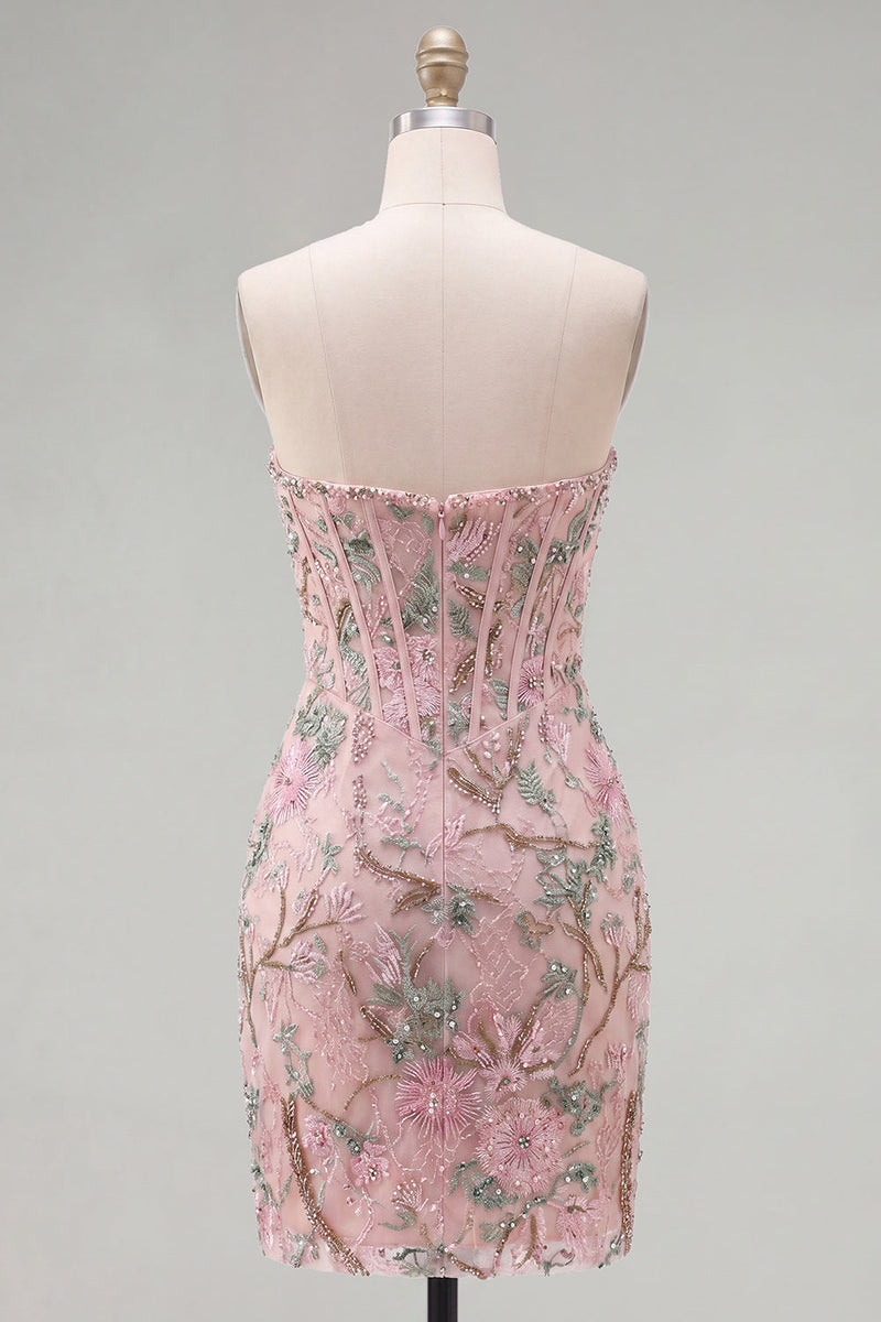Laden Sie das Bild in den Galerie-Viewer, Rosa Bodycon Sweetheart Blumenkorsett Homecoming-Kleid mit Perlen