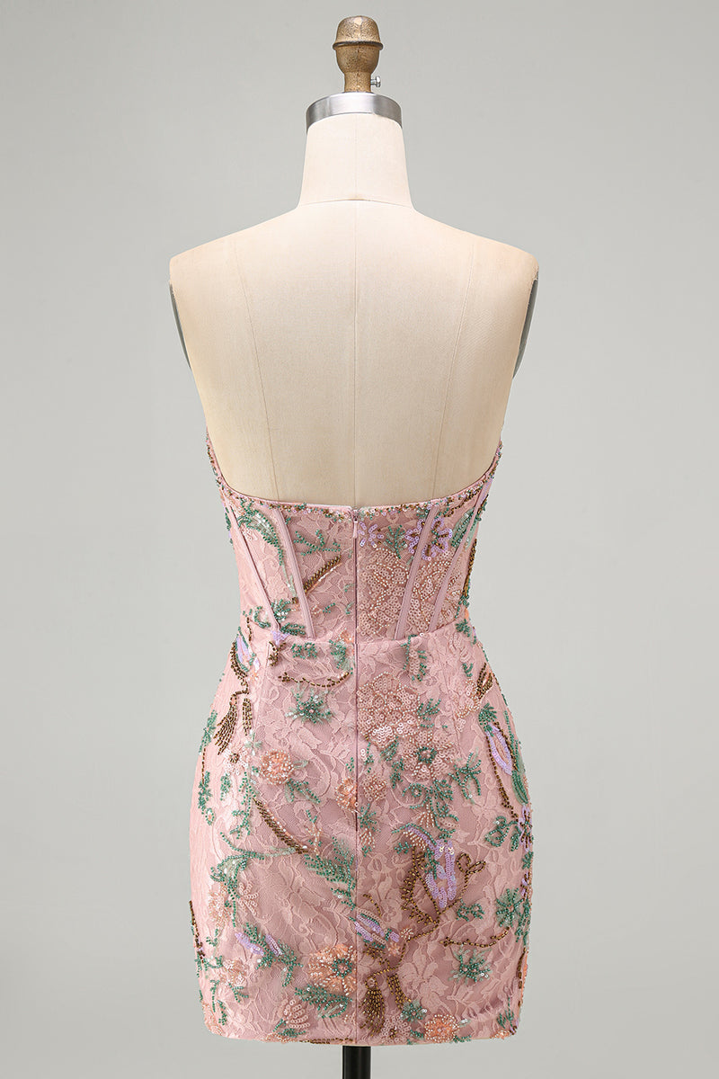 Laden Sie das Bild in den Galerie-Viewer, Rosa Bodycon Sweetheart Blumen Korsett Kurzes Abendkleid mit Strasssteinen