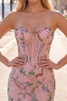 Laden Sie das Bild in den Galerie-Viewer, Rosa Bodycon Sweetheart Blumen Korsett Kurzes Abendkleid mit Strasssteinen