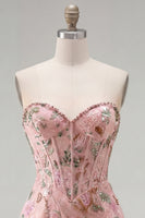 Laden Sie das Bild in den Galerie-Viewer, Rosa Bodycon Sweetheart Blumenkorsett Homecoming-Kleid mit Perlen
