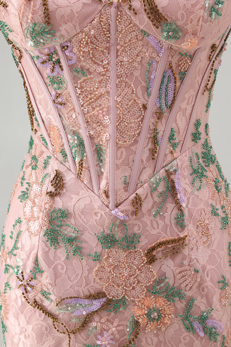 Laden Sie das Bild in den Galerie-Viewer, Rosa Bodycon Sweetheart Blumen Korsett Kurzes Abendkleid mit Strasssteinen