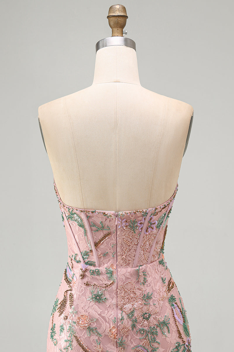Laden Sie das Bild in den Galerie-Viewer, Rosa Bodycon Sweetheart Blumen Korsett Kurzes Abendkleid mit Strasssteinen
