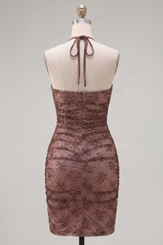 Chocolate Bodycon Neckholderhals-Homecoming-Kleid mit Perlen