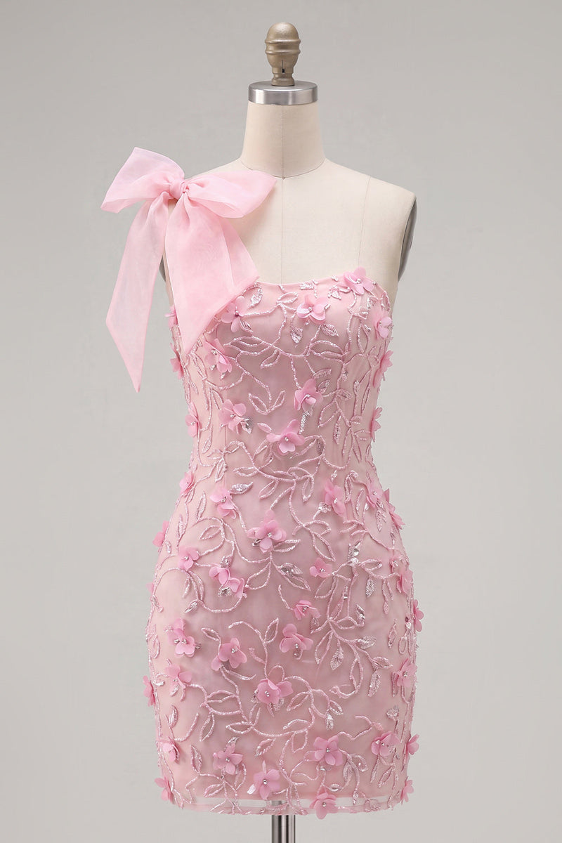 Laden Sie das Bild in den Galerie-Viewer, Pinkes 3D-Blumenkleid mit einer Schulterschleife Bodycon Homecoming