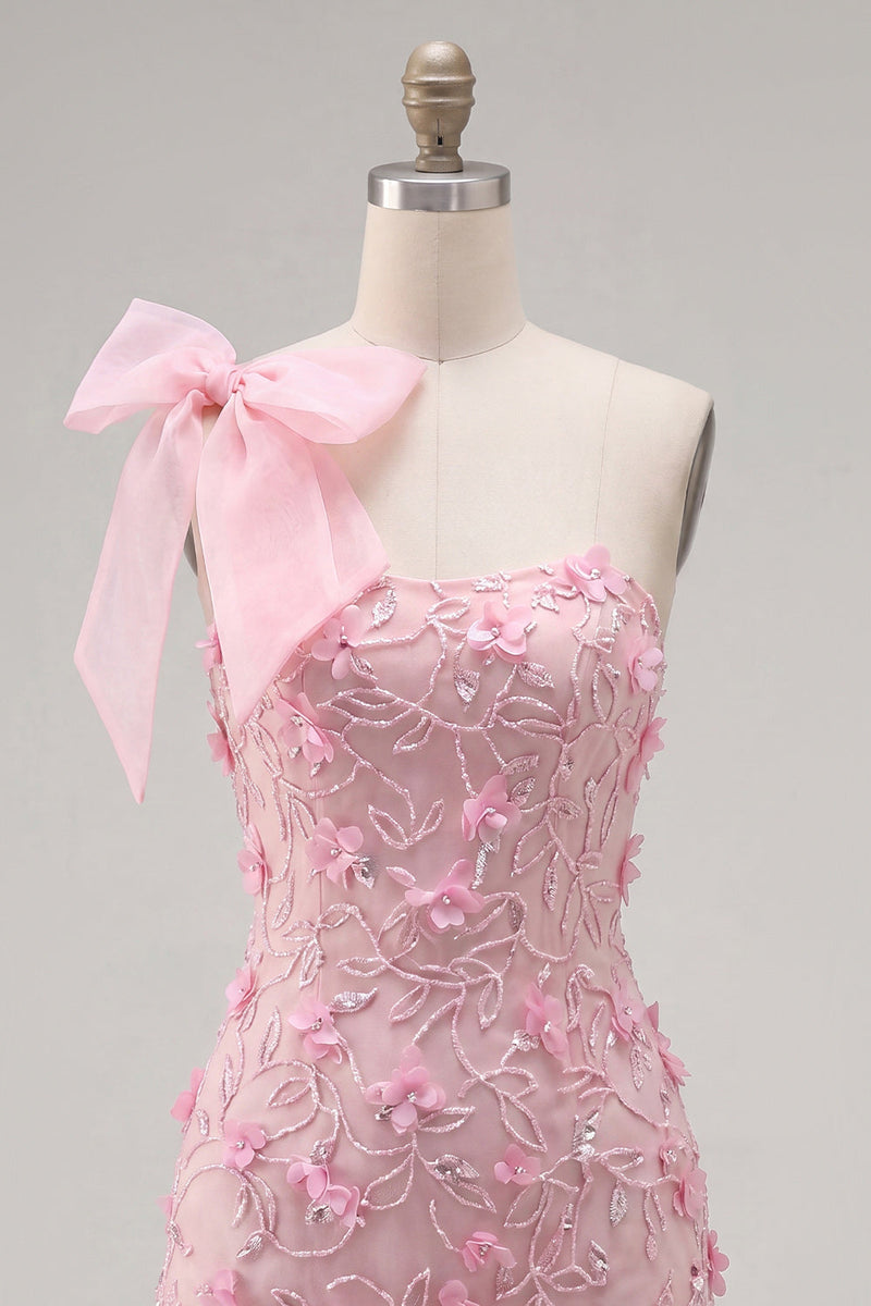 Laden Sie das Bild in den Galerie-Viewer, Pinkes 3D-Blumenkleid mit einer Schulterschleife Bodycon Homecoming
