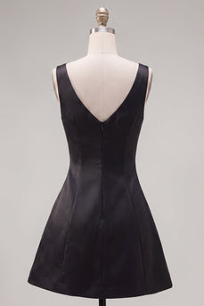 Schwarzes Rosa V-Ausschnitt Kurzes Abendkleid mit Strassen