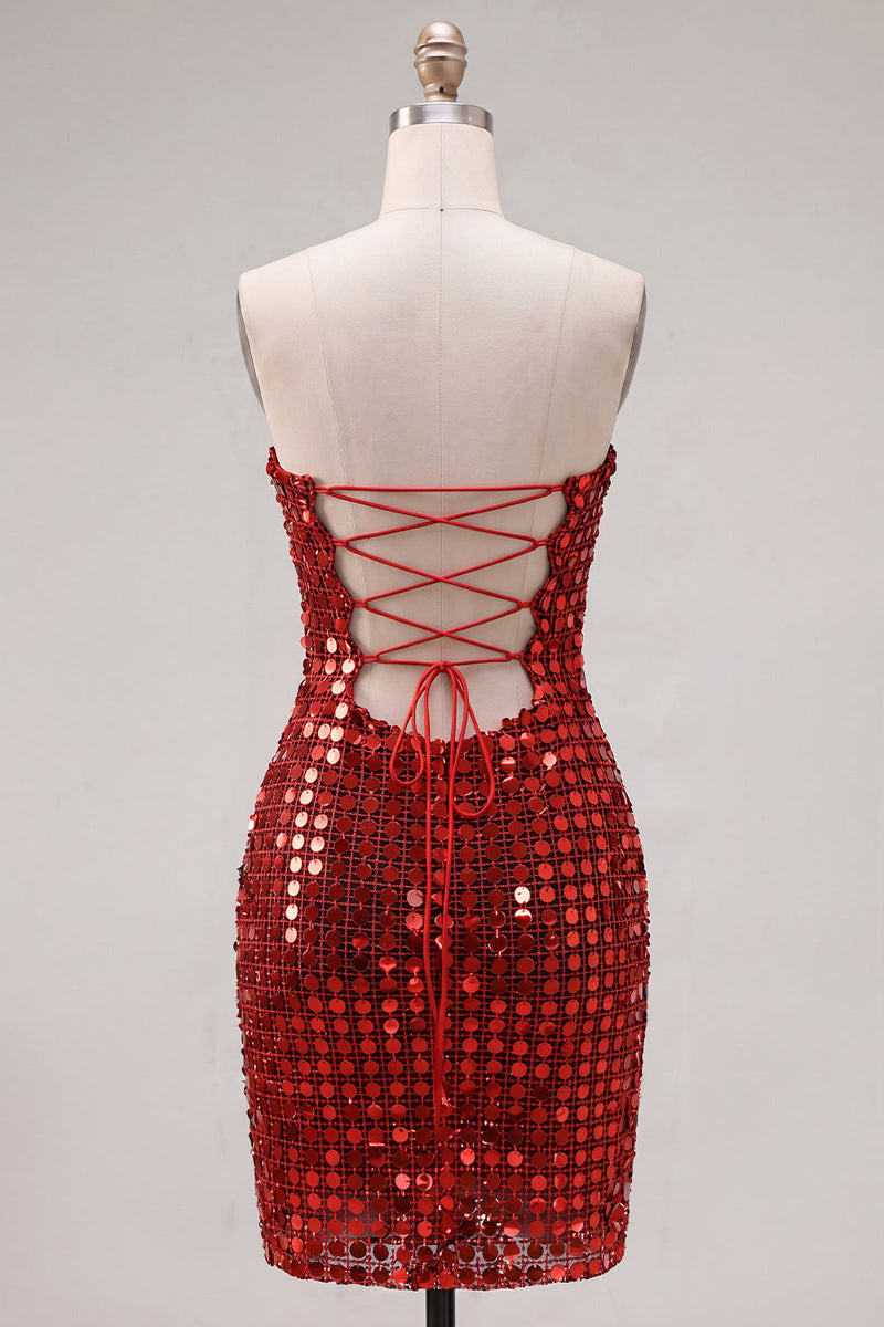 Laden Sie das Bild in den Galerie-Viewer, Glitzerndes Goldenes Trägerloses Pailletten Bodycon Kurzes Abendkleid